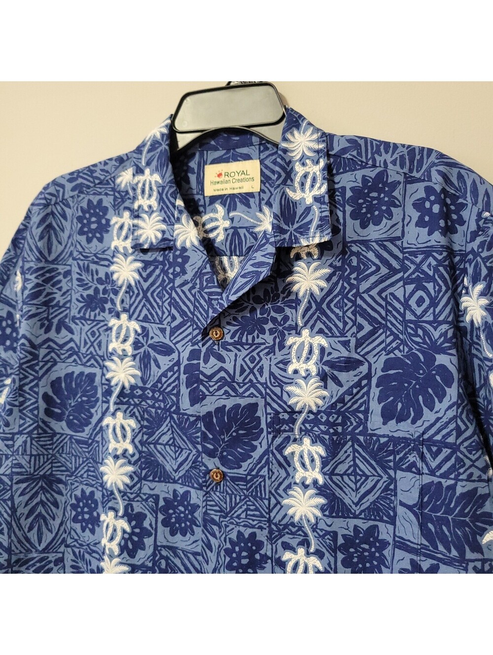 Royal Hawaiian Creations Hawaiian Shirt Men L Blue Turtle Palm Tree Made in USA